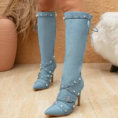 Denim Rivet Belt Buckle Knee-High Boots