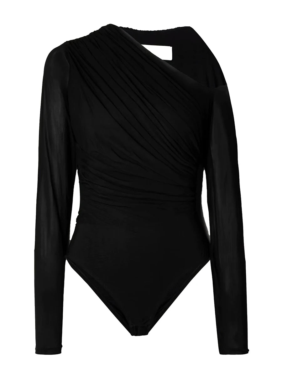 Black bodysuit with long sleeves on a white background