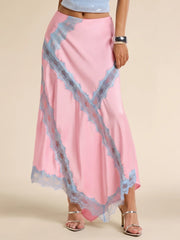 Satin Lace Patchwork Maxi Skirt