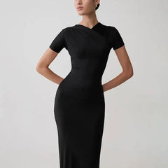 Ruched Cross Neck Short Sleeve Maxi Dress