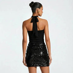 Cross Neck Ruched Sequin Mini Dress