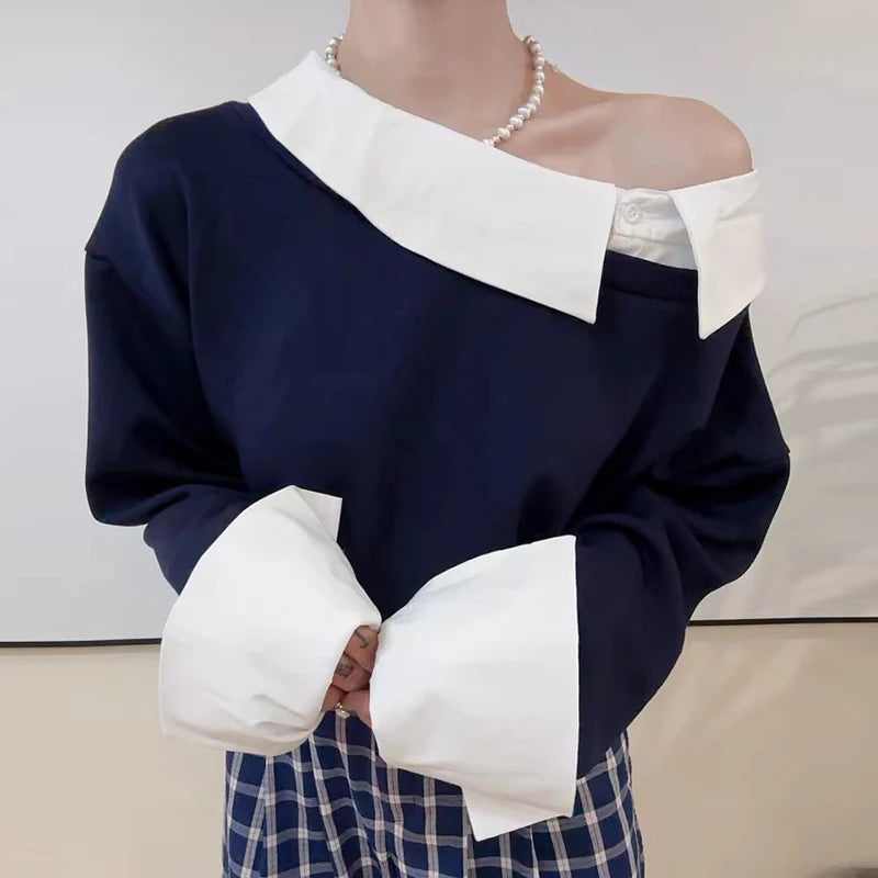 Irregular Skew Collar Contrasting Color Sweatshirt