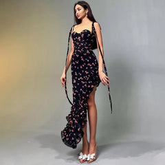 Irregular Ruffle Hem Lace Up Open Back Floral Print Black Long Dress