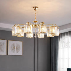 Modern crystal chandelier with cascading crystals, illuminating a luxurious living room. Golden Atelier 4