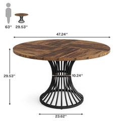Wooden round table with black metal base and dimensions on a white background