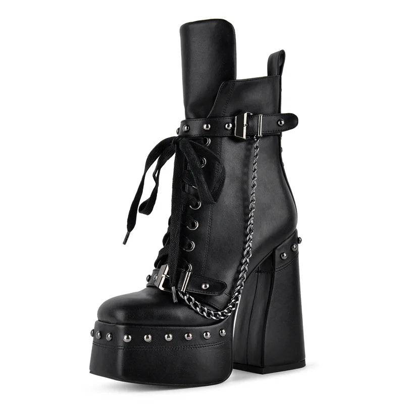 Platform chunky heel ankle boot with lace-up and buckle detail