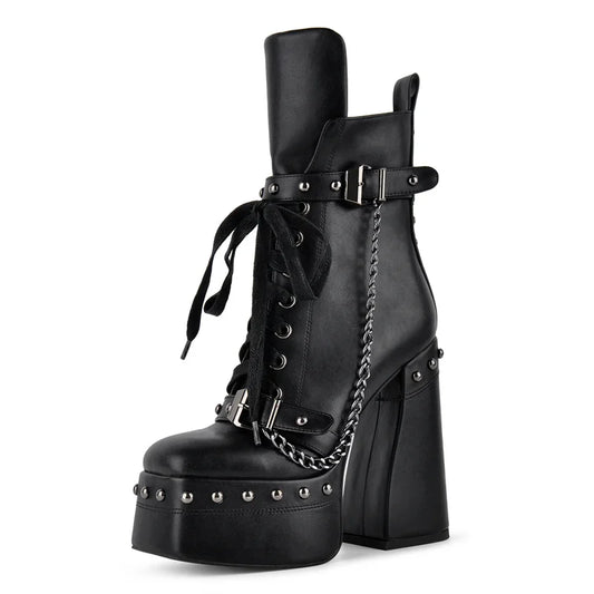 Platform chunky heel ankle boot with lace-up and buckle detail