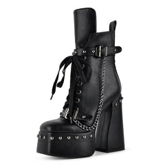 Platform chunky heel ankle boot with lace-up and buckle detail