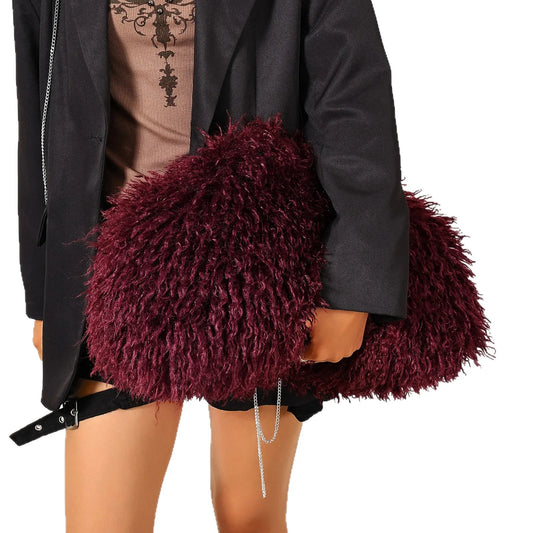Burgundy fluffy textured clutch bag