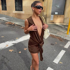 Plunging Neck Knot Front Mini Dress