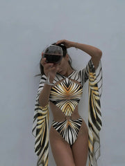 Cut Out One Piece Swimsuit with Butterfly Sleeves