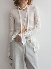 Velvet Asymmetrical Buttoned Ruffle Hem Top