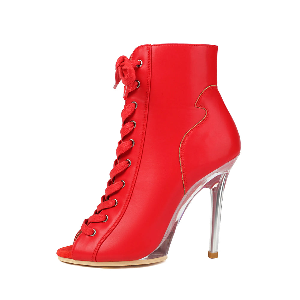 Red high-heeled boot with clear heel on a white background