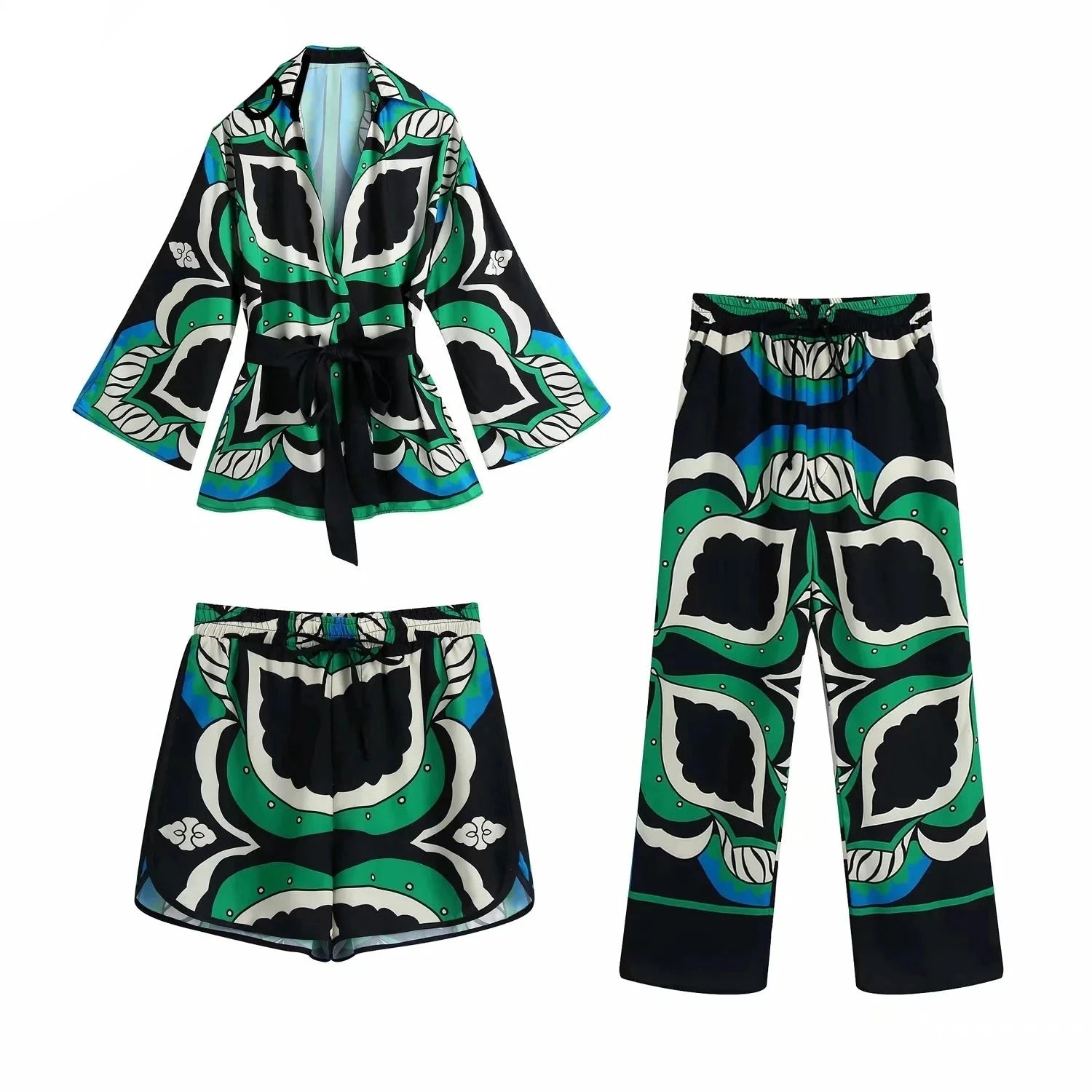 Oversized Green Print Shirt Short Pant Three Pieces Suit