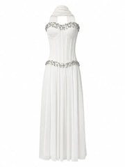 White Rhinestone Strapless Corset Top and Maxi Pleated Skirt Set