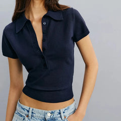 Striped Knit Cropped Polo Shirt