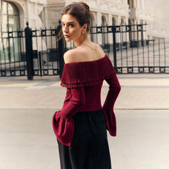  Woman wearing an Off-Shoulder Knitted Flare Sleeve Top