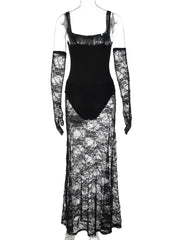 Black Sheer Square Neck Bodysuit Maxi Dress With Gloves