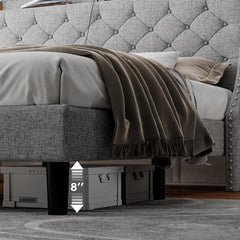 Upholstered Button Tufted King Platform Bed with Charging Station