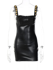 Black leather dress with gold buttons on a mannequin against a white background