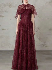 Burgundy lace cape sleeve maxi dress