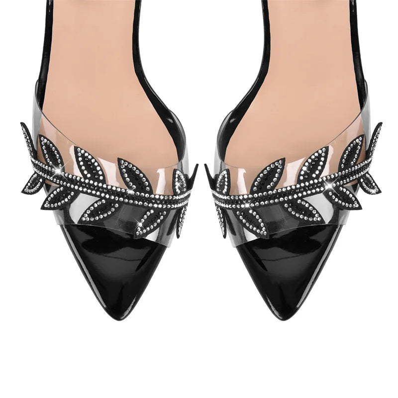 Detail of crystal leaf embellishments on pointed toe stiletto sandals
