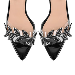 Detail of crystal leaf embellishments on pointed toe stiletto sandals