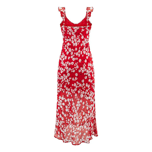 Back view of red ruffled V-neck sleeveless A-line midi dress