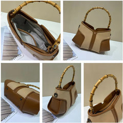 Bamboo Handle Colorblock Leather Handbag