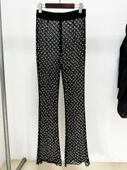 Pearl Embellished Cutout Blazer and Flare Pants Suit