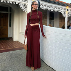 Mock Neck Mesh Crop Top Draped Maxi Skirt Set