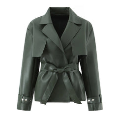 Belted Lapel Collar Faux Leather Jacket