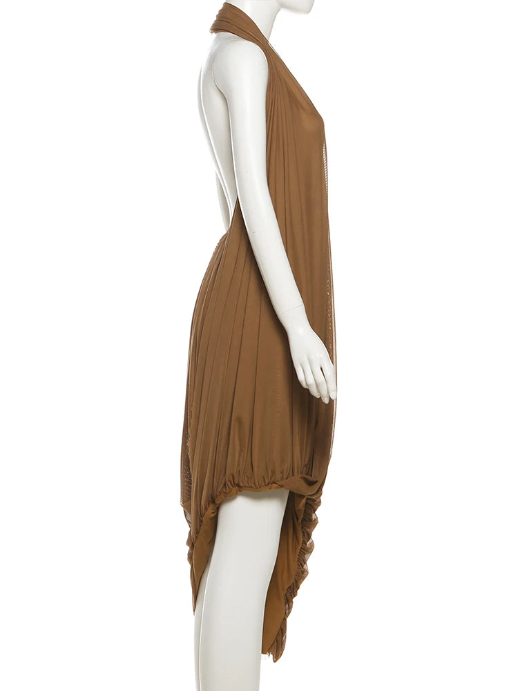 Brown pleated dress on a white mannequin against a white background