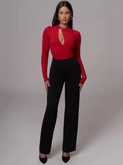 Metal Buckle Hollow Out Long Sleeve Bodysuit