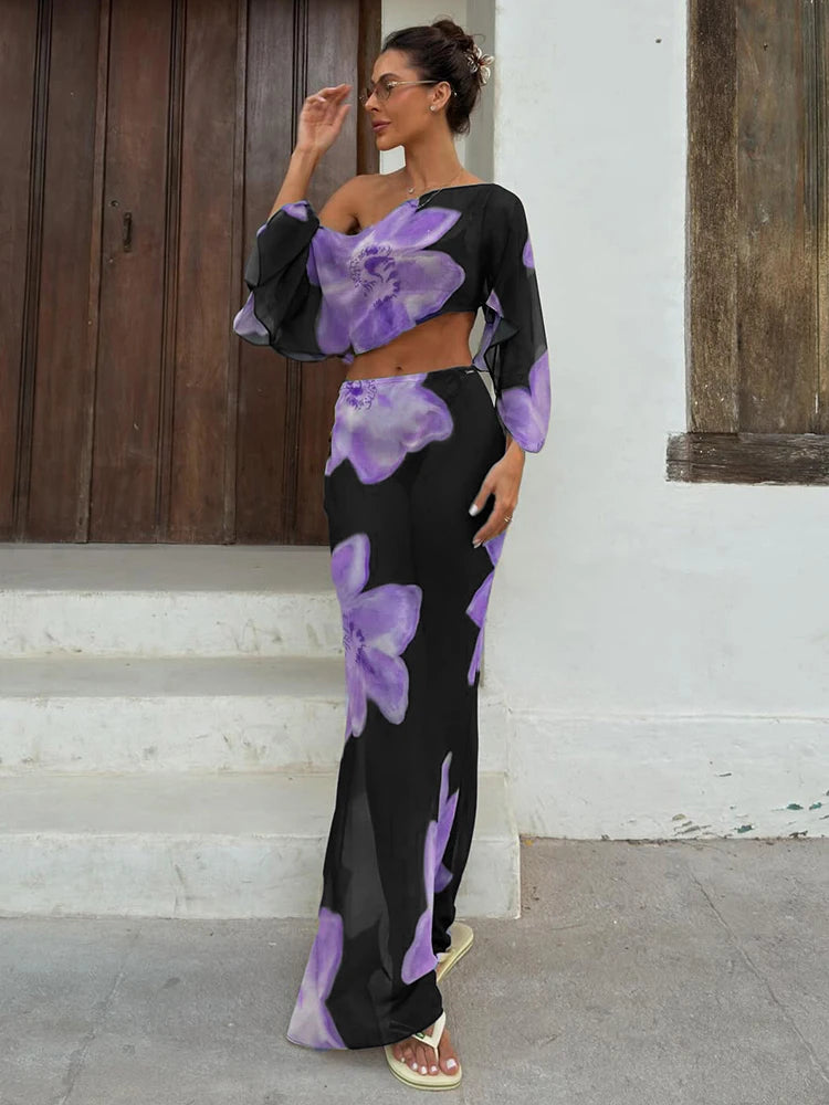 Floral print one-shoulder crop top and flowing maxi skirt set