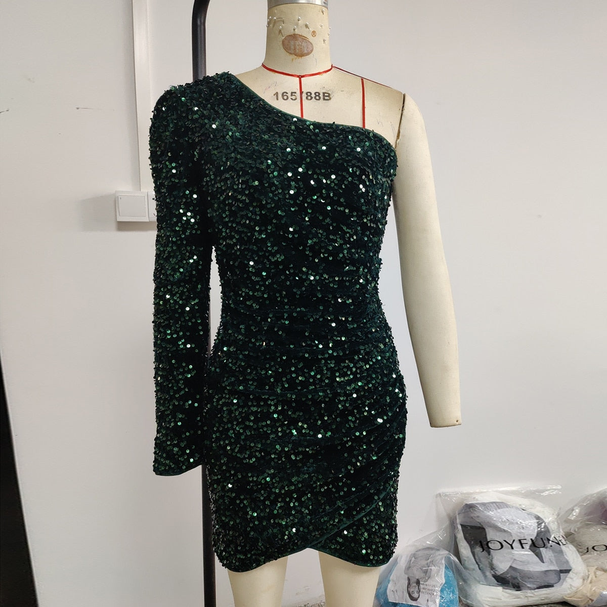 One Shoulder Irregular Sleeveless Sequin Mini Dress