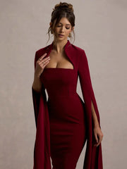 Burgundy Cape Long Sleeve Square Collar Midi Dress