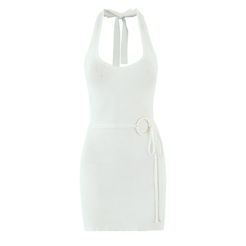 White halter neck dress with a belt on a white background