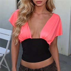 Deep V neck color block crop top