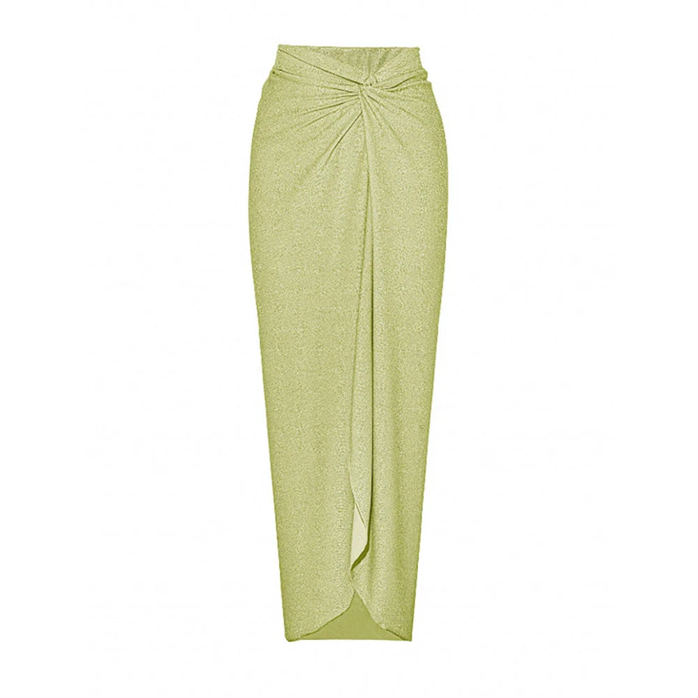 Detail of the twisted knot front on the flowing maxi skirt.