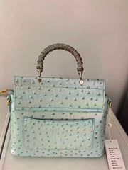 Embellished Ostrich Embossed Top Handle Bag
