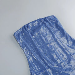 Blue Strapless Sequin Pleated Hem Gown With Scarf