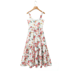 Flower Print Bra Chest Corset Style Ruffles Hem Midi Dress