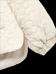  Women's floral puffer jacket with hidden buttons.