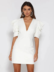 Deep V Neck Open Back Short Puff Sleeve White Mini Dress