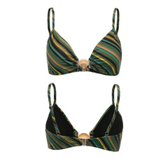 Front and back views of a bikini top with spaghetti straps and a central shell detail, part of a coordinating set.