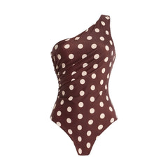 Brown Polka Dot One Shoulder Swimsuit and Skirt Set