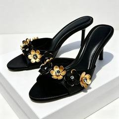 Metal Flower Embellished Heeled Mules