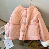 Women Plaid Fleece Lining Quilted Padded Jacket