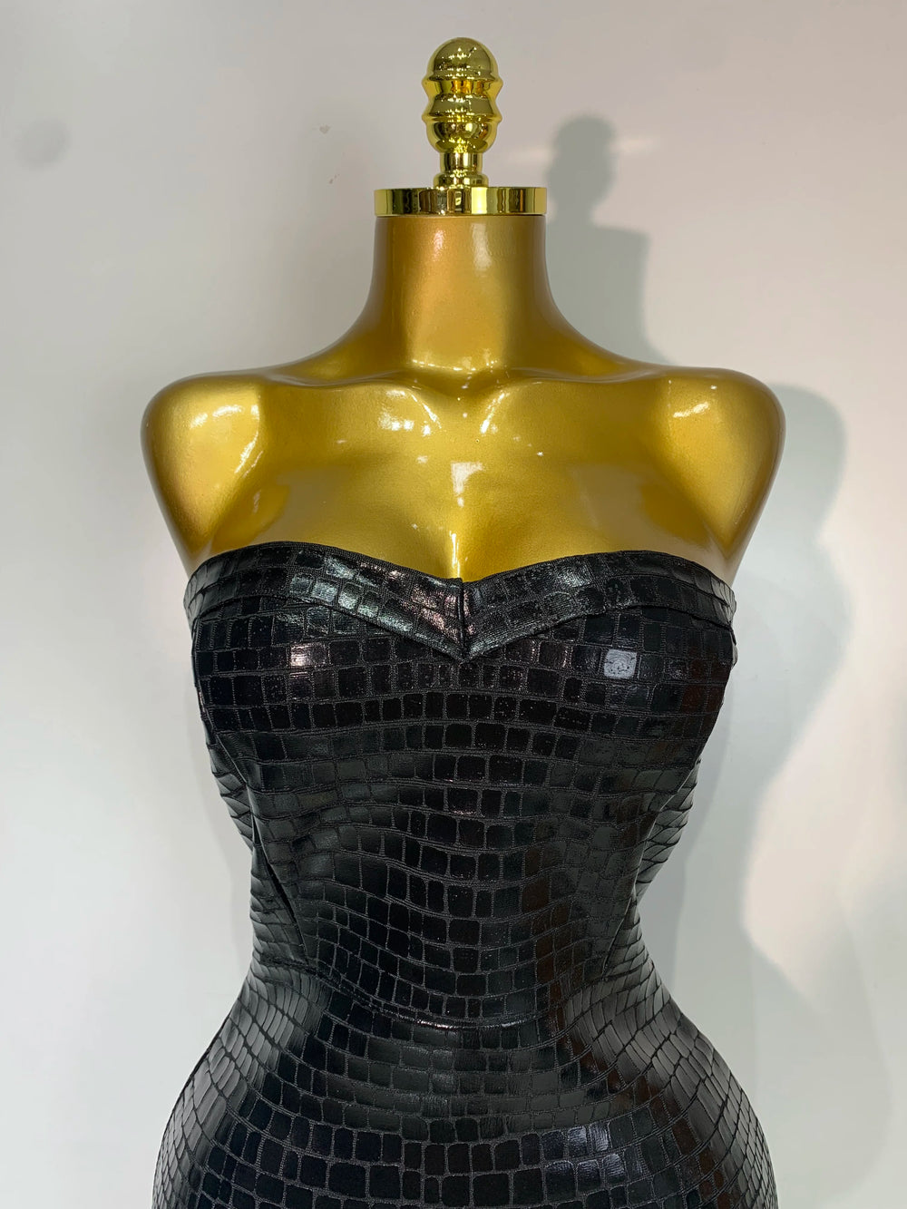 Strapless Crocodile-Embossed Bodycon Midi Dress